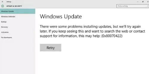 Windows Error 0x80070422