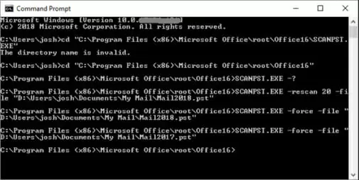 Illustrates scanpst.exe in command prompt